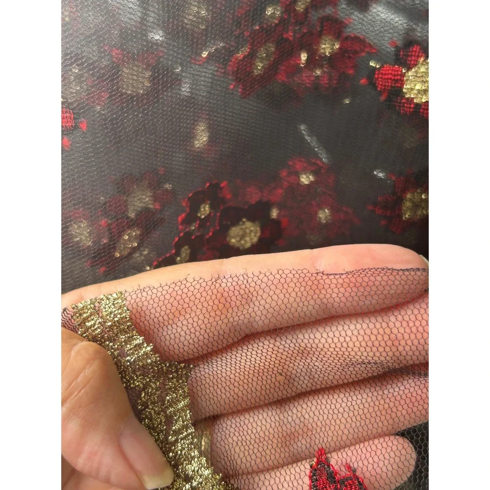 Black Mesh Dupatta Red Gold Floral Embroidered Scarf Scalloped Lace Border 90x40